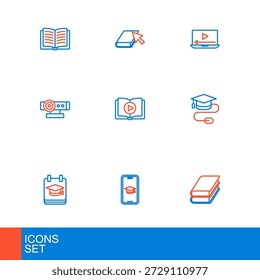 Set line Book, Boné de formatura no celular, Educação online, com mouse, Web câmera, Livro de áudio, jogar vídeo e ícone. Vetor