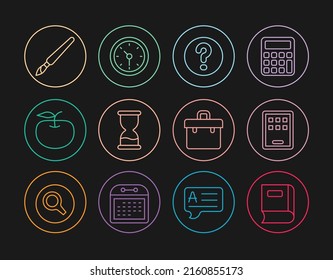 Fijar la línea Libro, tablet gráfica, burbujas de voz con pregunta, vidrio de color antiguo, Apple, Pincel de pintura, Maletín y icono Reloj. Vector