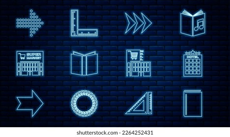 Set line Book, Hotel building, Arrow, Open book, Supermarket, Dots arrow, Mall or supermarket and Folding ruler icon. Vector