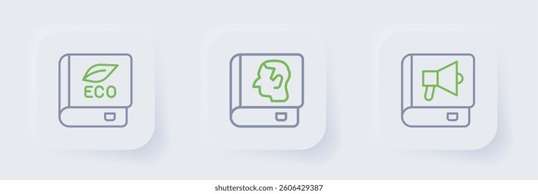 Set line Book, Law book and about ecology icon. Vector