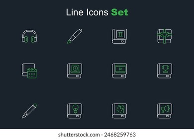 Set line Book, Law book, User manual, Pencil with eraser, about cinema,  and Daily paper notepad icon. Vector