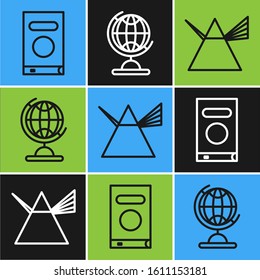 Set line Book, Light rays in prism and Earth globe icon. Vector