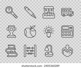 Set line Book, Man reading book, School building, Abacus, Unknown search, Apple, Table lamp and Calculator icon. Vector