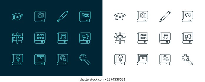 Set line Book with mathematics, about cinema, Audio book, women, Books programming, Fountain pen nib, Graduation cap and Photo album gallery icon. Vector