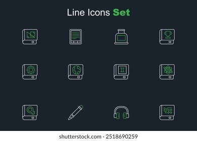 Set line Book with mathematics, Headphones, Pencil eraser, about women, physics, Earth globe and book and User manual icon. Vector