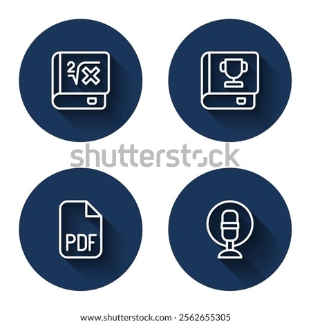 Set line Book with mathematics, PDF file document and Microphone with long shadow. Blue circle button. Vector