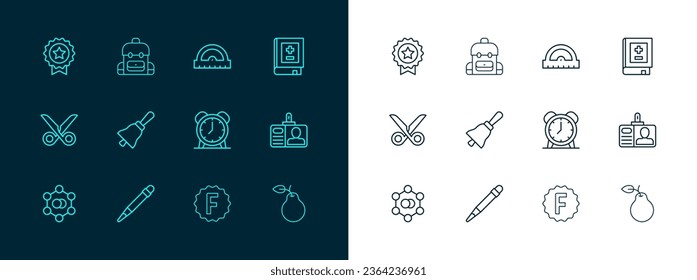 Set line Book with mathematics, Pencil eraser, Alarm clock, Exam paper incorrect answers, Ringing bell, Protractor grid, Medal star and School backpack icon. Vector