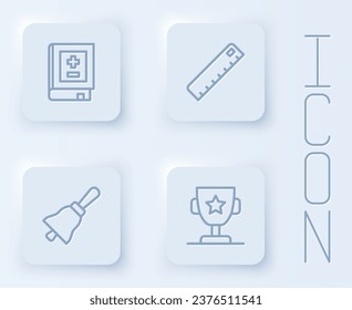 Set line Book with mathematics, Ruler, Ringing bell and Award cup. White square button. Vector
