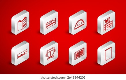 Set line Book, Measuring height and length, Protractor grid, Mall supermarket building, Open book, Bus and Ruler icon. Vector
