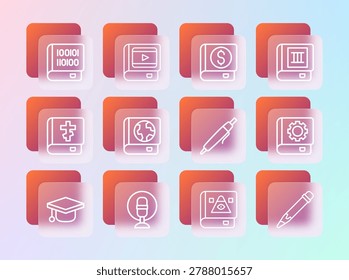 Set line Book, Microphone, Pen, Ancient magic book, Earth globe and, Financial, Books about programming and cinema icon. Vector