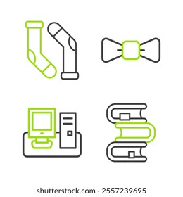 Set line Book, Monitor with keyboard, Bow tie and Socks icon. Vector