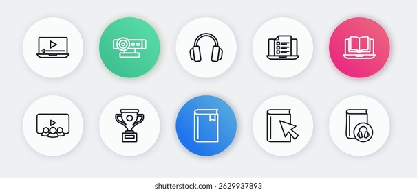 Set line Book, Online class, book, quiz, test, survey, Headphones, Audio and Award cup icon. Vector