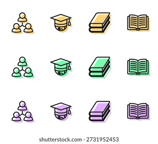 Establecer línea Libro, clase en línea, tapa de graduación en el globo e icono de libro abierto. Vector