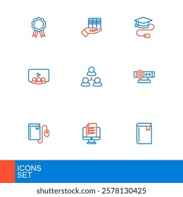 Set line Book, Online quiz, test, survey, Electronic book with mouse, Web camera, class, Graduation cap and donation icon. Vector