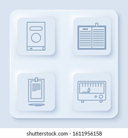 Set line Book, Open science book, Clipboard with document and Electrical measuring instruments. White square button. Vector