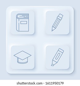 Set line Book, Pencil with eraser, Graduation cap and Marker pen. White square button. Vector