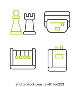 Set line Book, Pendulum, Waist bag of banana and Chess icon. Vector