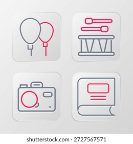 Set line Book, Photo camera, Drum with drum sticks and Balloons icon. Vector
