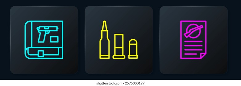 Set line Book with pistol or gun, Firearms license certificate and Bullet. Black square button. Vector
