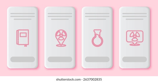 Set line Book, Radioactive in location, Test tube and flask and . White rectangle button. Vector