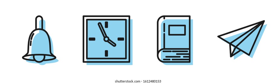 Set line Book, Ringing bell, Clock and Paper airplane icon. Vector