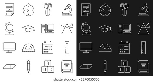 Set line Book, Ruler, Light rays in prism, Scissors, Graduation cap, Earth globe, Exam paper with incorrect answers and Computer monitor icon. Vector