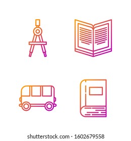 Set line Book, School Bus, Drawing compass and Open book. Gradient color icons. Vector