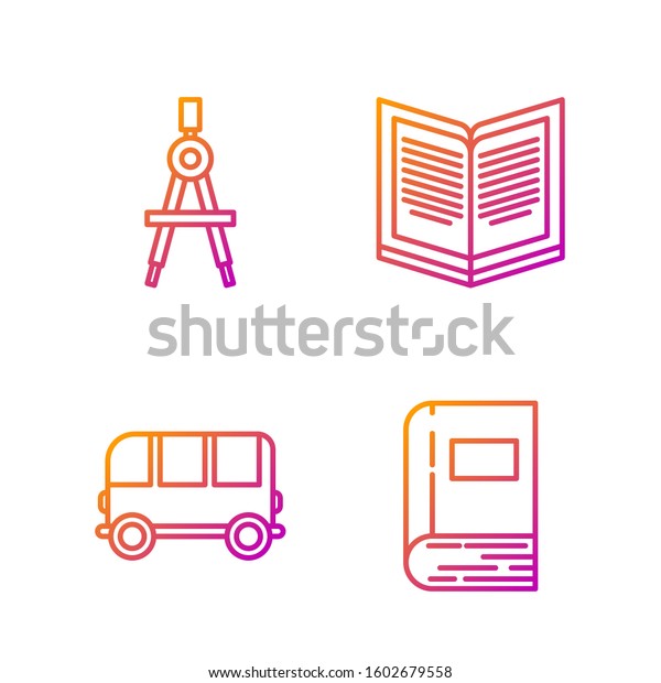 Set line Book, School Bus, Drawing\
compass and Open book. Gradient color icons.\
Vector