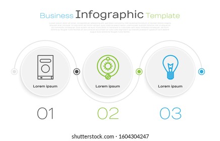 Set line Book, Solar system and Light bulb with concept of idea. Business infographic template. Vector