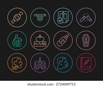 Libro con el cigarrillo de la parada, muerte de fumar, diagnósticos de la radiografía de los pulmones, aumento del latido del corazón, ningún electrónico, caramelo, Electrónica e icono. Vector