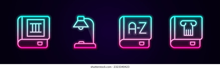 Fijar la línea Libro, lámpara de mesa, libro de traductores e historia. Icono de neón brillante. Vector
