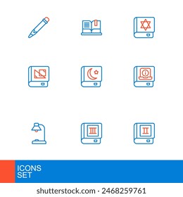 Set line Book, Table lamp, User manual, about geometry, Holy book of Koran, Jewish torah and Open icon. Vector