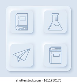 Set line Book, Test tube and flask chemical laboratory, Paper airplane and Book. White square button. Vector