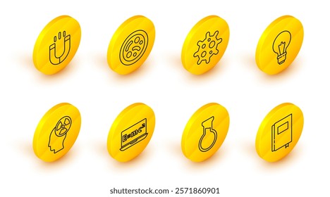 Set line Book, Test tube and flask, Equation solution, Head radiation symbol, Light bulb with concept of idea, Virus, Bacteria and Magnet icon. Vector