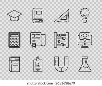 Linha Set Livro, tubo de ensaio e laboratório químico do frasco, régua triangular, crachá de identificação, tampa de graduação, modelo do certificado, ímã e monitor com ícone de graduação. Vetor