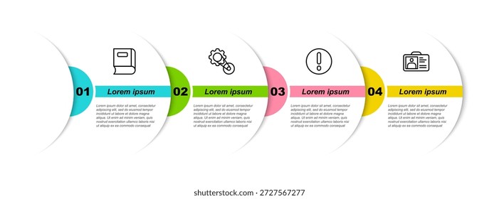 Set line Book, Timing belt kit, Speech bubble and Exclamation and Identification badge. Business infographic template. Vector