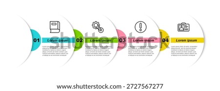 Set line Book, Timing belt kit, Speech bubble and Exclamation and Identification badge. Business infographic template. Vector