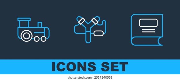 Set line Book, Toy train and Slingshot icon. Vector