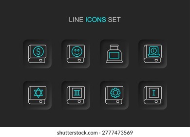 Set line Book, User manual, Jewish torah book, Inkwell,  and Financial icon. Vector