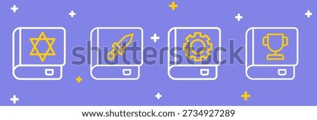 Set line Book, User manual, about weapon and Jewish torah book icon. Vector