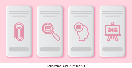 Set line Book with word mathematics, Paper clip, Test or exam sheet and Calculator. White rectangle button. Vector