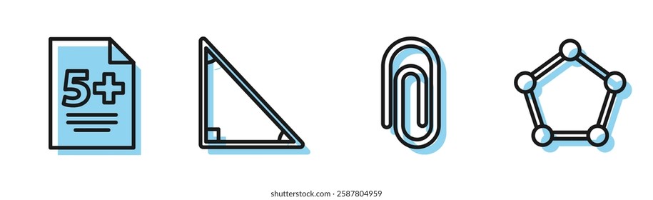 Set line Book with word mathematics, Calculator, Calendar and Geometric figure Sphere icon. Vector