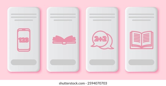 Set line Book with word mathematics, Mobile calculator interface, Geometric figure Cone and Equation solution. White rectangle button. Vector