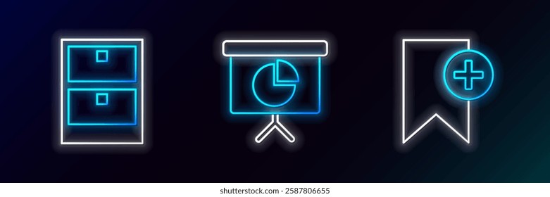 Set line Bookmark, Archive papers drawer and Presentation financial board with graph, schedule, chart, diagram, infographic, pie graph icon. Glowing neon. Vector