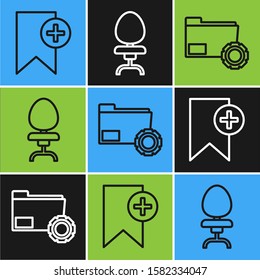 Set line Bookmark, Folder settings with gears and Office chair icon. Vector