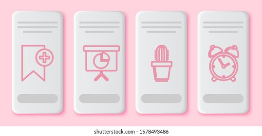 Set line Bookmark, Presentation financial board with graph, schedule, chart, diagram, infographic, pie graph, Cactus and succulent in pot and Alarm clock. White rectangle button. Vector