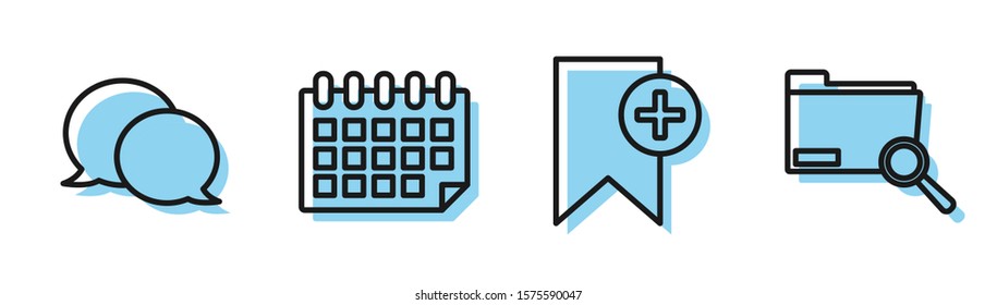 Set line Bookmark, Speech bubble chat, Calendar and Search concept with folder icon. Vector