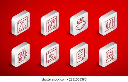 Set line Books about programming, Software, Processor with microcircuits CPU, Programming language syntax, Clipboard checklist, Browser exclamation mark, Online play video and  icon. Vector