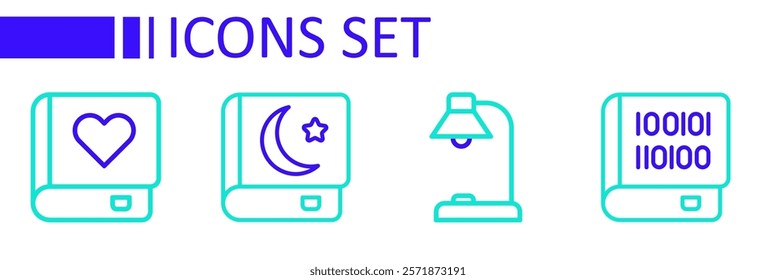 Set line Books about programming, Table lamp, Holy book of Koran and Romance icon. Vector