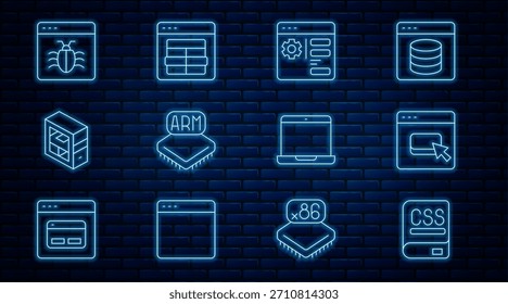 Set line Books about programming, Browser files, setting, Processor, Computer, System bug, Laptop and MySQL code icon. Vector
